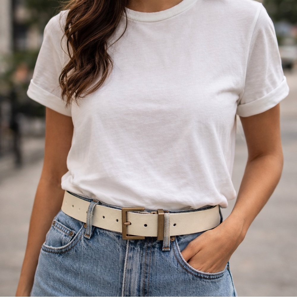 AllSaints Cream Leather Belt | Antique Brass Hardware | Size M